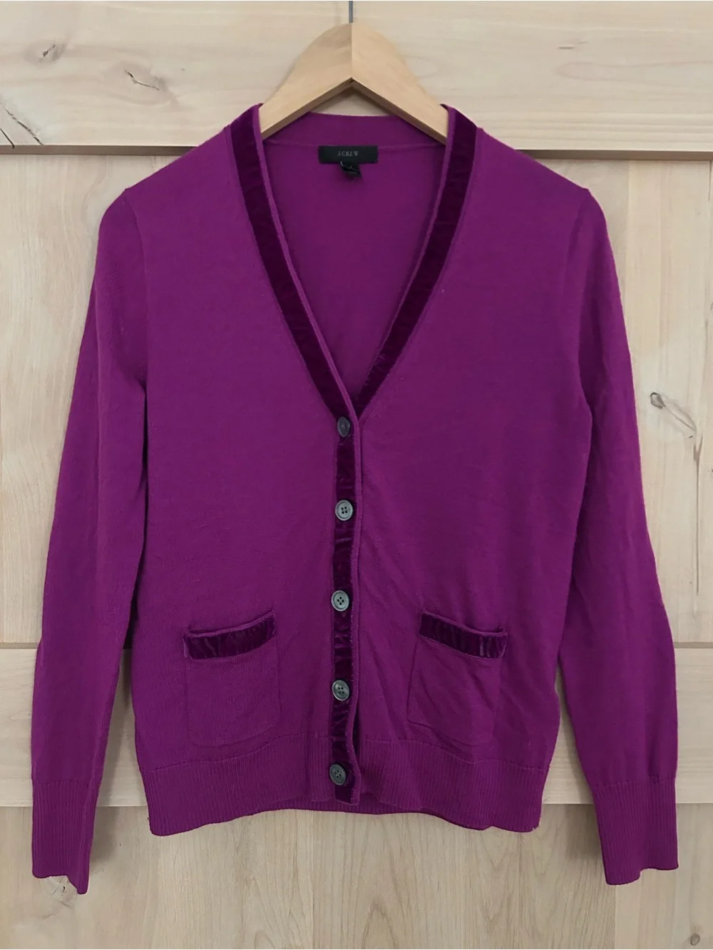 J.Crew Women's Velvet-Trim Magenta V-Neck merino wool Cardigan, Small